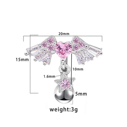 1 Piece Lip Rings Simple Style Shiny Heart Shape Wings 316 Stainless Steel  Alloy Inlay Rhinestones Glass White Gold Plated