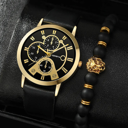 1 Piece Men'S Fashion Up Quartz Watch And 1 Piece Exquisite Lion'S Head Bracelet