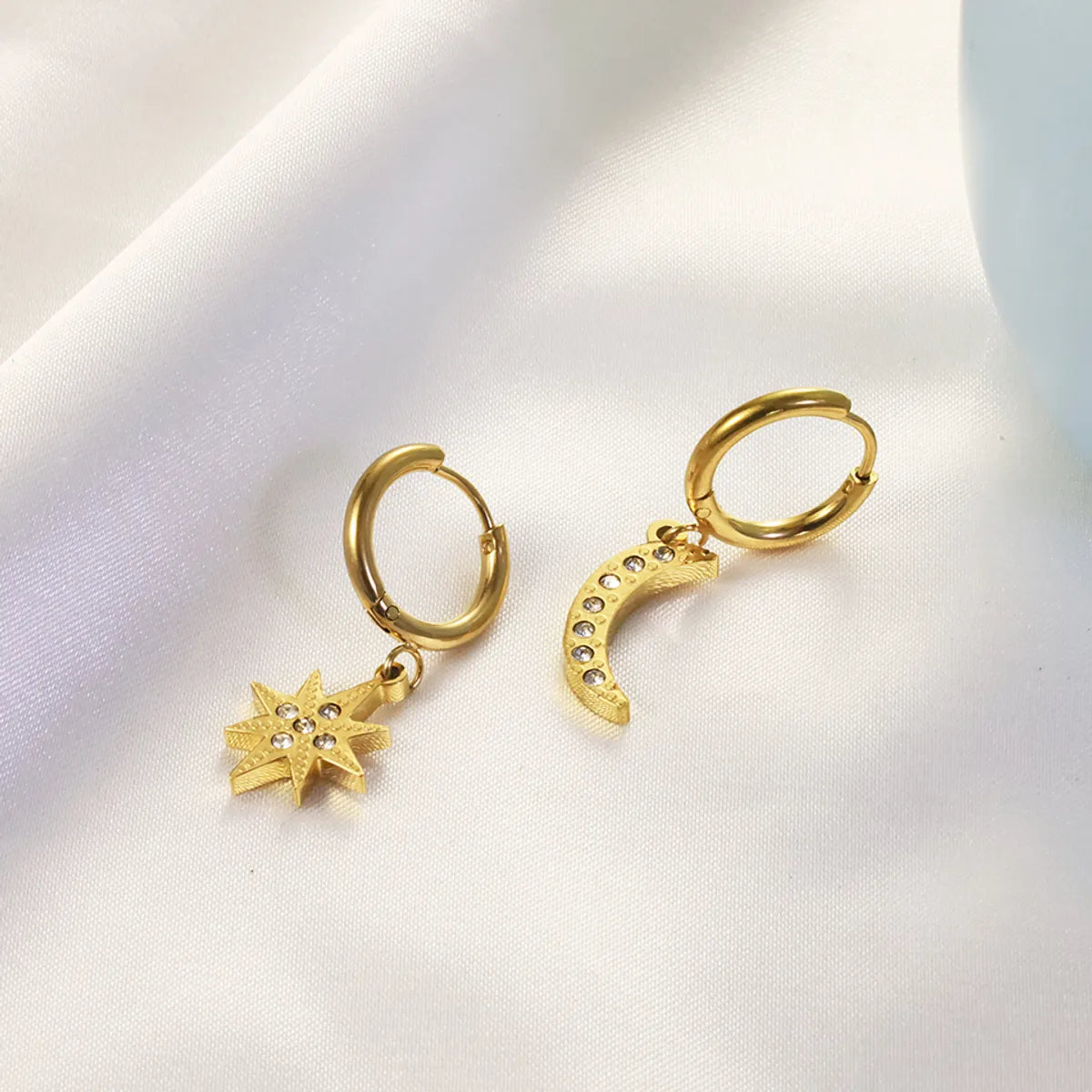 1 Piece Modern Style Roman Style Star Moon Plating Inlay Stainless Steel Zircon 18k Gold Plated Drop Earrings