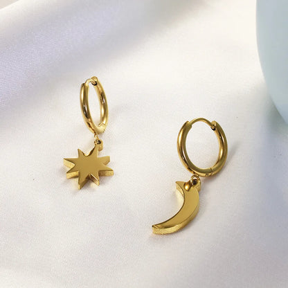 1 Piece Modern Style Roman Style Star Moon Plating Inlay Stainless Steel Zircon 18k Gold Plated Drop Earrings