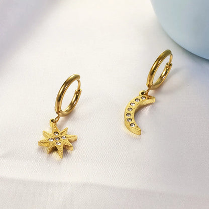 1 Piece Modern Style Roman Style Star Moon Plating Inlay Stainless Steel Zircon 18k Gold Plated Drop Earrings