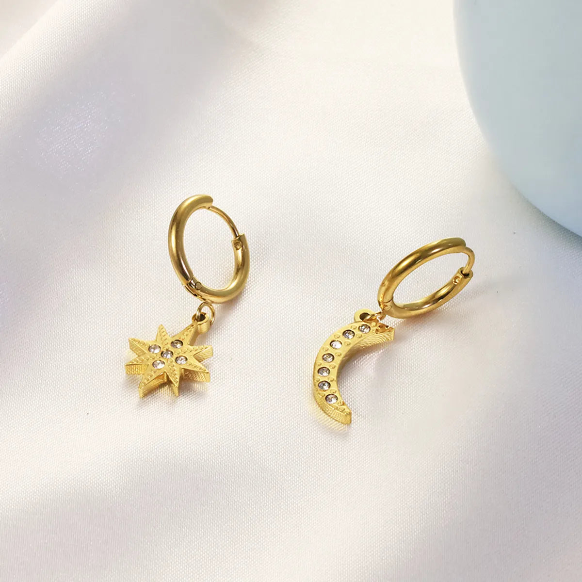 1 Piece Modern Style Roman Style Star Moon Plating Inlay Stainless Steel Zircon 18k Gold Plated Drop Earrings