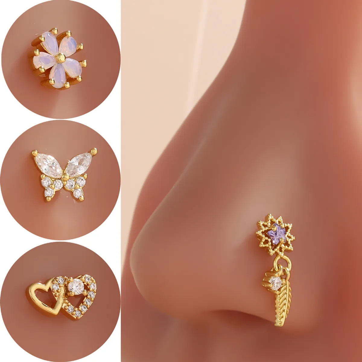 1 Piece Nose Rings & Studs Luxurious Classic Style Heart Shape Butterfly Copper Polishing Plating Zircon 18K Gold Plated Nose Rings & Studs