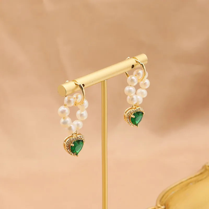 1 Piece Original Design Heart Shape Plating Inlay Copper Artificial Gemstones 18k Gold Plated Drop Earrings