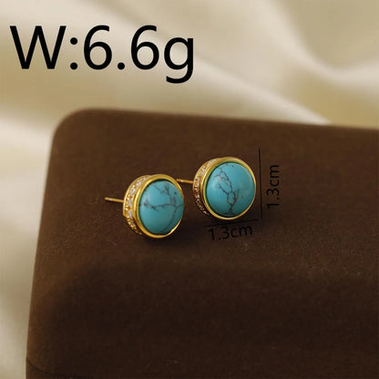 1 Piece Preppy Style Artistic Commute Round Plating Copper Malachite Zircon 18K Gold Plated Ear Studs