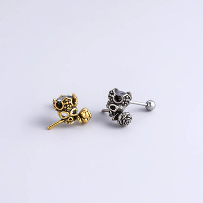 1 Piece Punk Flower Snake Skull Stainless Steel Copper Inlaid Zircon Ear Studs