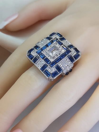 1 Piece Retro Color Block Square Alloy Plating Inlay Rhinestones Silver Plated Women'S Rings