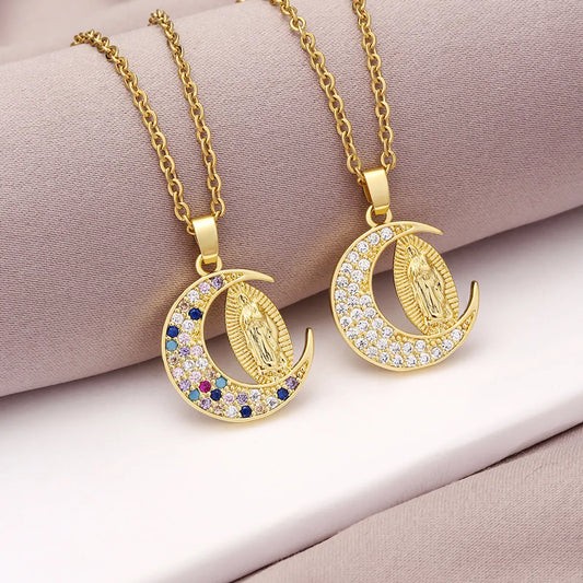 1 Piece Retro Human Moon Copper Inlaid Zircon Necklace