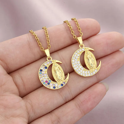 1 Piece Retro Human Moon Copper Inlaid Zircon Necklace