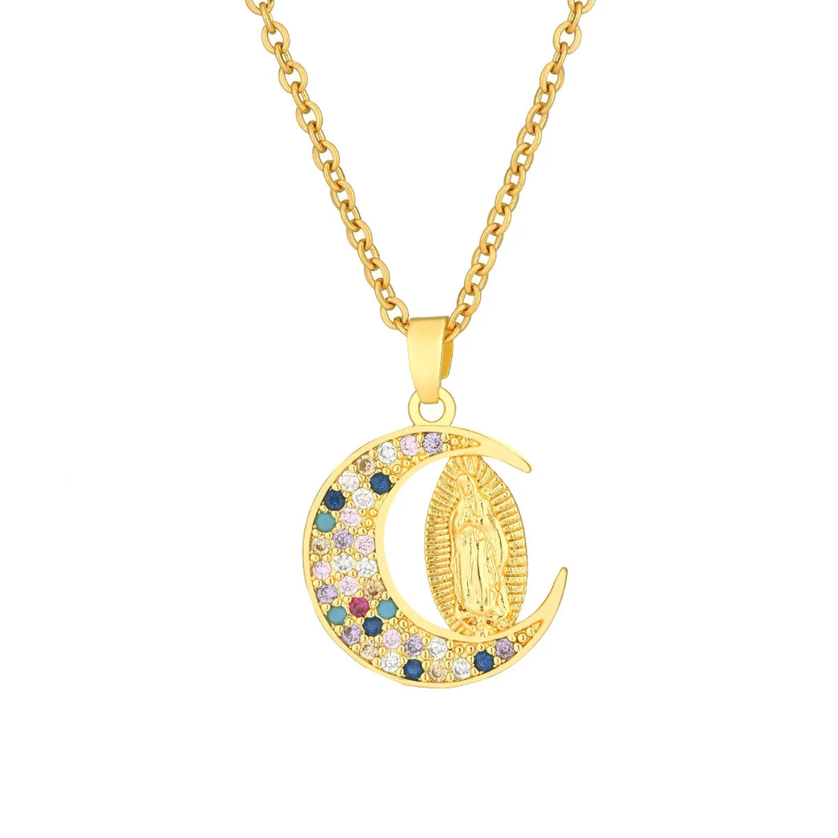 1 Piece Retro Human Moon Copper Inlaid Zircon Necklace