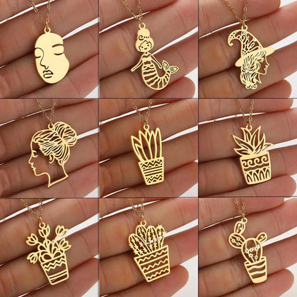 201 Stainless Steel 18K Gold Plated Retro Irregular Plating Plant Pendant Necklace