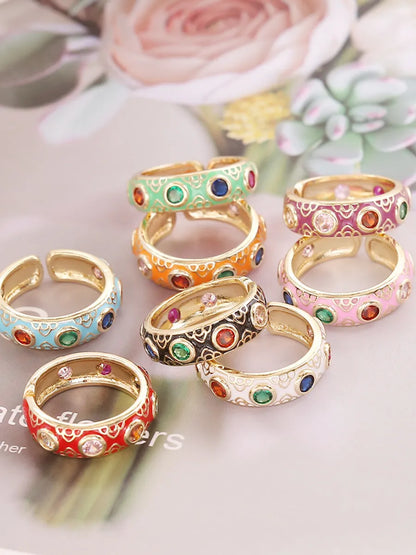 1 Piece Retro Round Copper Enamel Inlay Zircon Open Ring