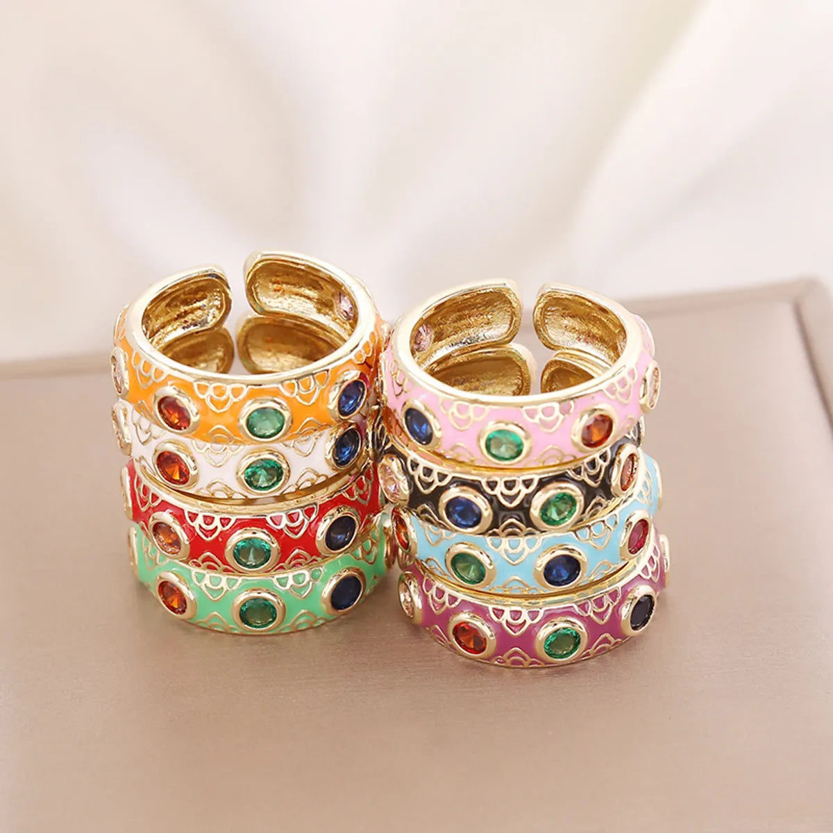 1 Piece Retro Round Copper Enamel Inlay Zircon Open Ring