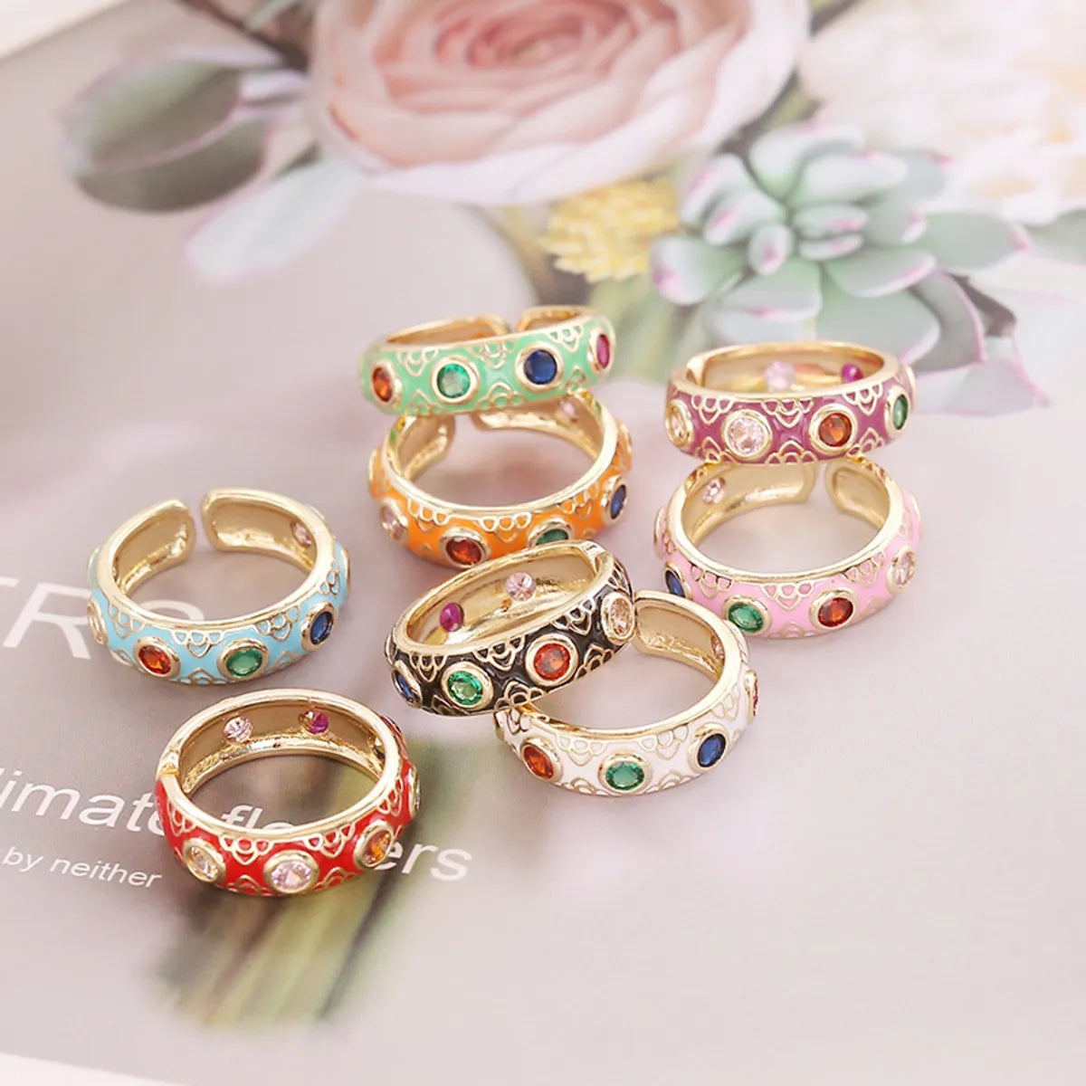 1 Piece Retro Round Copper Enamel Inlay Zircon Open Ring