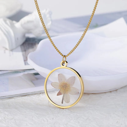 1 Piece Retro Round Flower Stainless Steel Inlaid Resin Pendant Necklace