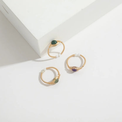 Retro Round Natural Stone Copper 14k Gold Plated Rings