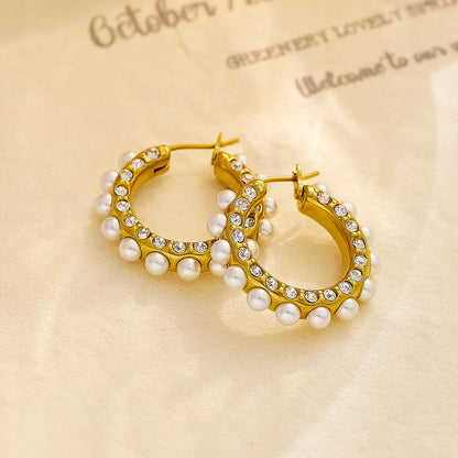 1 Piece Retro Round Plating Inlay Stainless Steel Titanium Steel Rhinestones Pearl Gold Plated Earrings