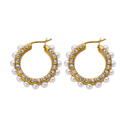 1 Piece Retro Round Plating Inlay Stainless Steel Titanium Steel Rhinestones Pearl Gold Plated Earrings