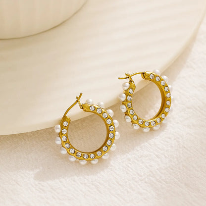 1 Piece Retro Round Plating Inlay Stainless Steel Titanium Steel Rhinestones Pearl Gold Plated Earrings