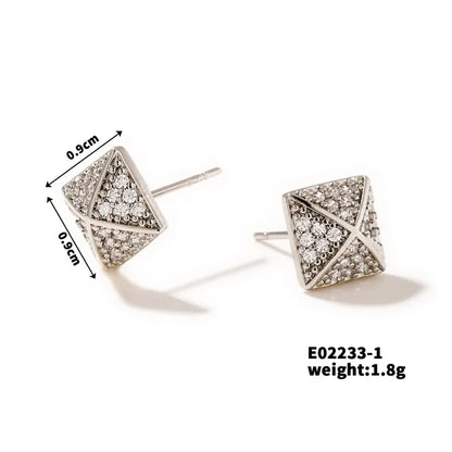 1 Piece Retro Simple Style Shiny Square Pyramid Three-Dimensional Inlay Copper Zircon K Gold Plated Rhodium Plated Ear Studs