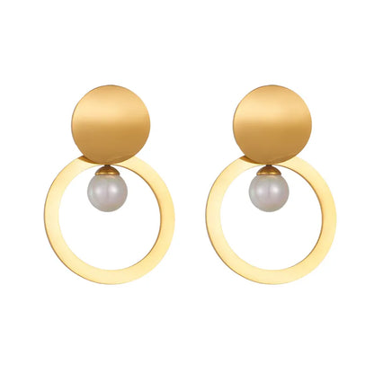 1 Piece Retro Solid Color Polishing Inlay 304 Stainless Steel Pearl 18K Gold Plated Earrings