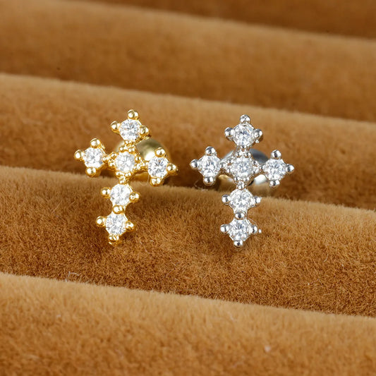 1 Piece Shiny Cross Plating Inlay Stainless Steel Zircon Ear Studs