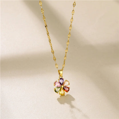 Shiny Flower Stainless Steel Brass 18k Gold Plated Gold Plated Zircon Pendant Necklace In Bulk