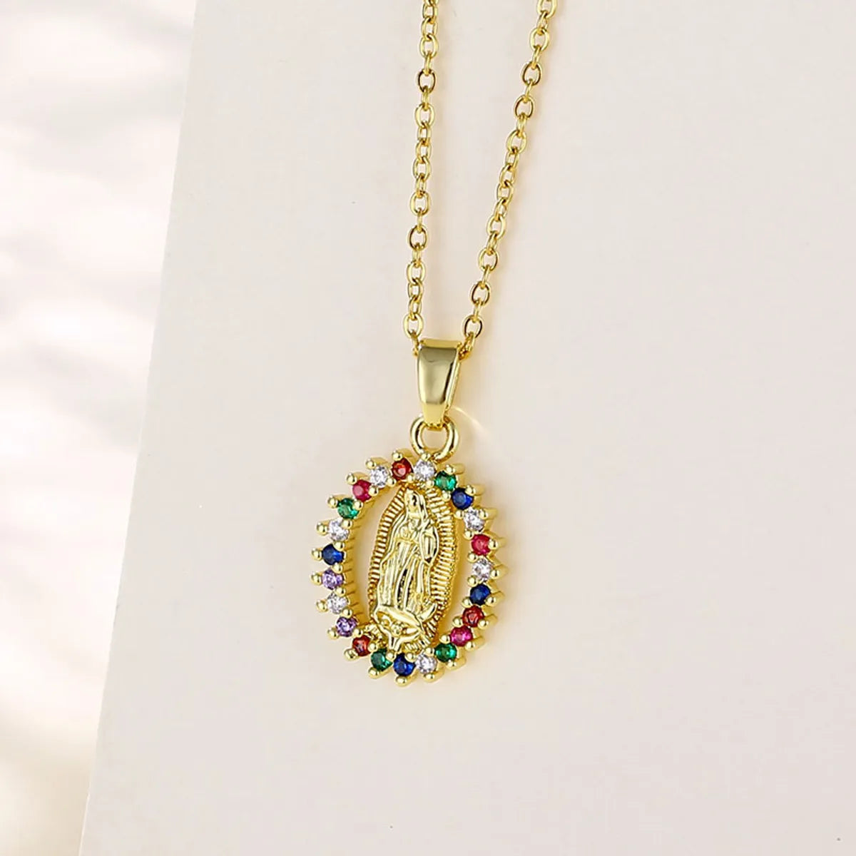 Shiny Portrait Faith Stainless Steel Brass Plating Inlay Zircon 18k Gold Plated Gold Plated Pendant Necklace