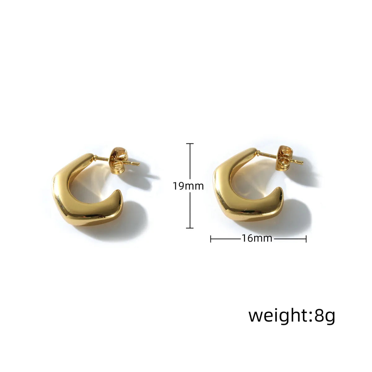 1 Piece Simple Style C Shape Asymmetrical Plating 304 Stainless Steel 18K Gold Plated Ear Studs