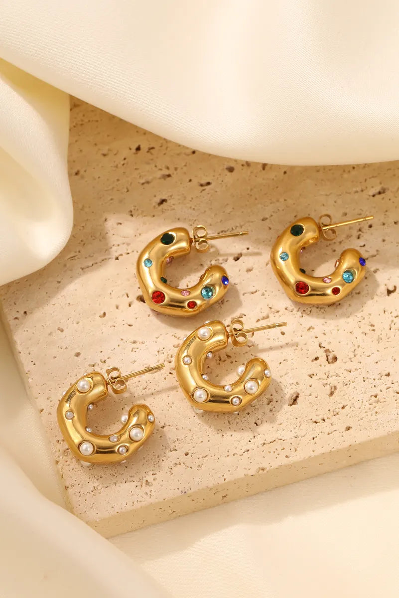 1 Piece Simple Style Classic Style C Shape Plating Inlay Stainless Steel Pearl Zircon Gold Plated Earrings