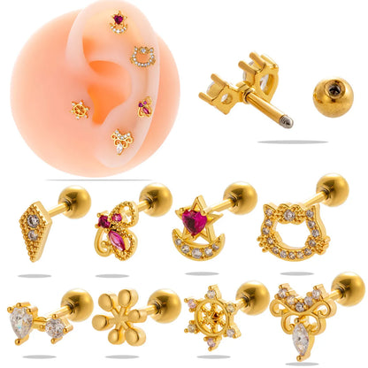 1 Piece Simple Style Classic Style Cat Flower Butterfly Plating Inlay Stainless Steel Zircon 18k Gold Plated Ear Studs