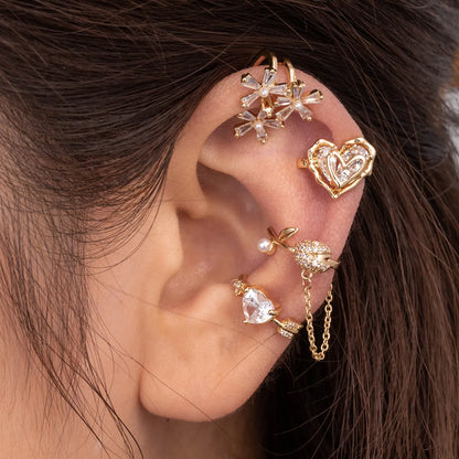 1 Piece Simple Style Classic Style Heart Shape Flower Bow Knot Inlay Copper Zircon Ear Cuffs