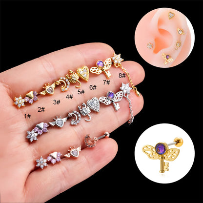 1 Piece Simple Style Classic Style Heart Shape Wings Flower Plating Inlay Stainless Steel Zircon 18k Gold Plated Ear Studs