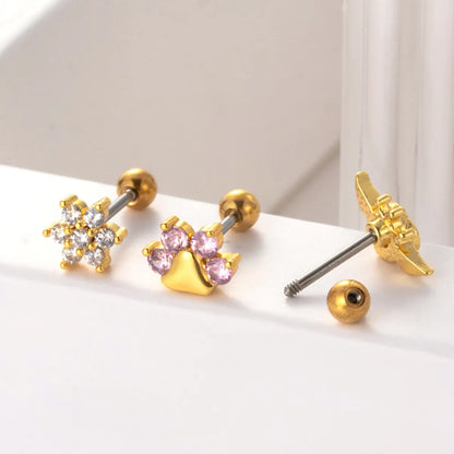 1 Piece Simple Style Classic Style Heart Shape Wings Flower Plating Inlay Stainless Steel Zircon 18k Gold Plated Ear Studs