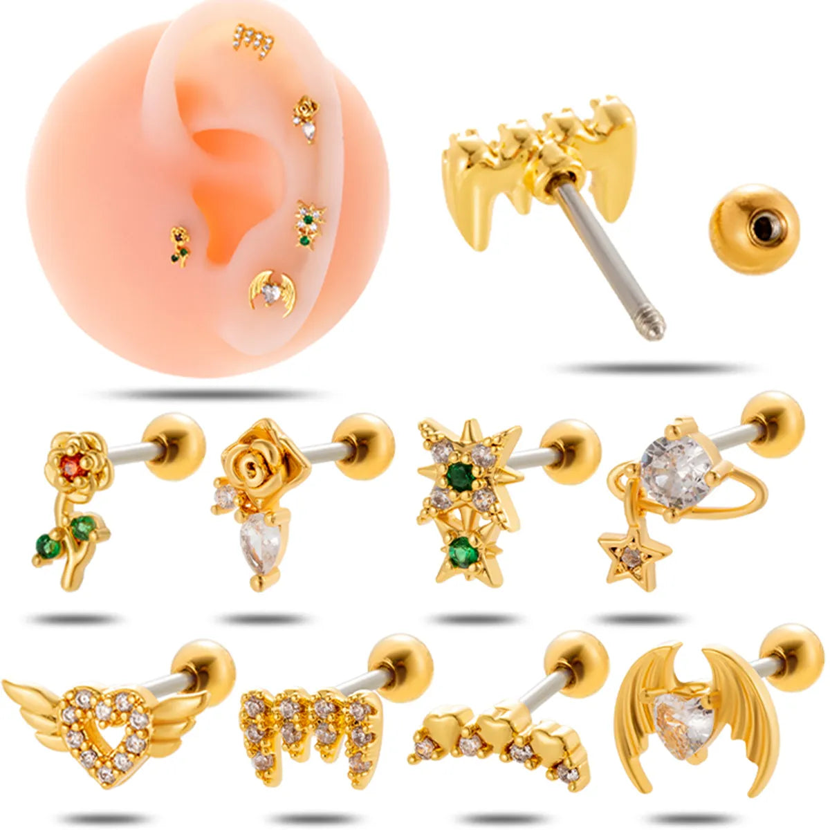 1 Piece Simple Style Classic Style Heart Shape Wings Flower Plating Inlay Stainless Steel Zircon 18k Gold Plated Ear Studs