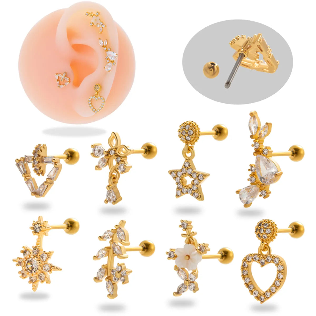 1 Piece Simple Style Classic Style Pentagram Heart Shape Flower Plating Inlay Stainless Steel Zircon 18k Gold Plated Ear Studs