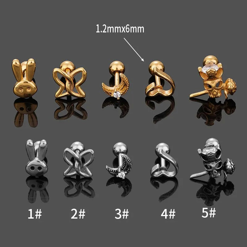 1 Piece Simple Style Classic Style Rabbit Heart Shape Skull Plating Inlay 316L Stainless Steel  Zircon 14K Gold Plated Cartilage Earrings