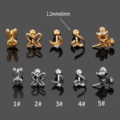 1 Piece Simple Style Classic Style Rabbit Heart Shape Skull Plating Inlay 316L Stainless Steel  Zircon 14K Gold Plated Cartilage Earrings