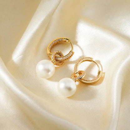 1 Piece Simple Style Classic Style Round Plating Inlay Copper Pearl K Gold Plated Drop Earrings