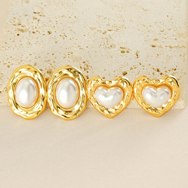 1 Piece Simple Style Classic Style Square Oval Heart Shape Plating Inlay 304 Stainless Steel Artificial Pearls 18K Gold Plated Ear Studs