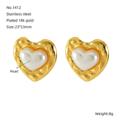 1 Piece Simple Style Classic Style Square Oval Heart Shape Plating Inlay 304 Stainless Steel Artificial Pearls 18K Gold Plated Ear Studs