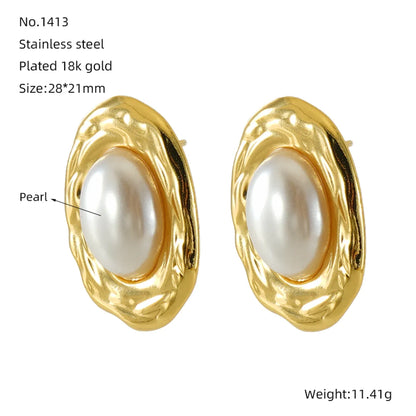 1 Piece Simple Style Classic Style Square Oval Heart Shape Plating Inlay 304 Stainless Steel Artificial Pearls 18K Gold Plated Ear Studs