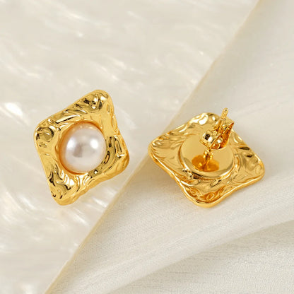 1 Piece Simple Style Classic Style Square Oval Heart Shape Plating Inlay 304 Stainless Steel Artificial Pearls 18K Gold Plated Ear Studs