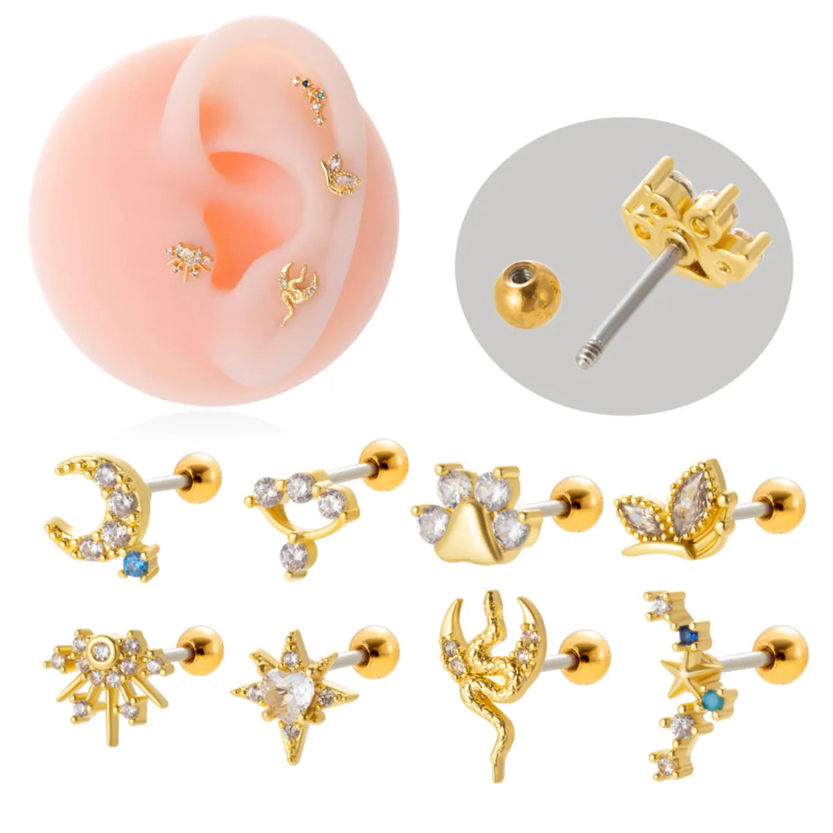 1 Piece Simple Style Classic Style Star Moon Butterfly Plating Inlay Stainless Steel Zircon 18k Gold Plated Ear Studs