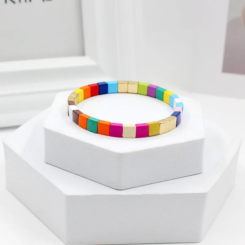 1 Piece Simple Style Colorful Square Alloy Enamel Beaded Stoving Varnish Women'S Bracelets