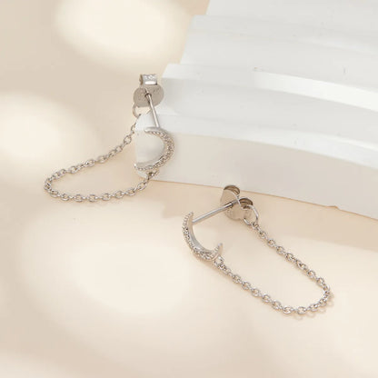 1 Piece Simple Style Commute Moon Plating Chain Inlay Sterling Silver Zircon 18k Gold Plated White Gold Plated Earrings