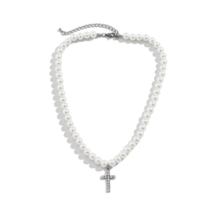 Simple Style Cross Stainless Steel Pearl Inlay Rhinestones Men'S Pendant Necklace