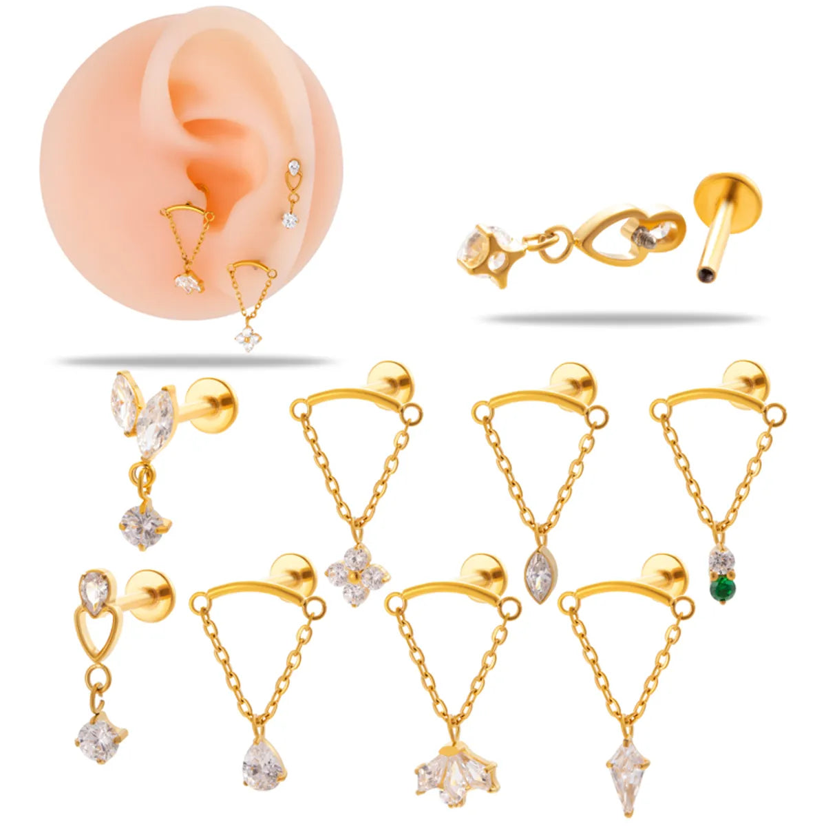 1 Piece Simple Style Geometric Plating Inlay Titanium Alloy Zircon 18k Gold Plated Ear Studs