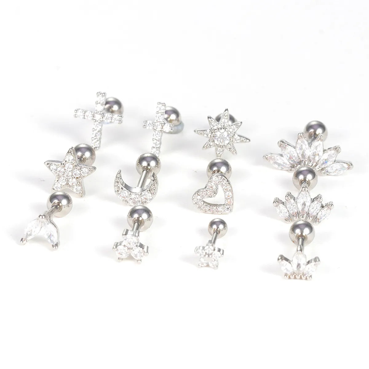 1 Piece Simple Style Heart Shape Crown Flower Plating Inlay Stainless Steel Zircon Ear Studs