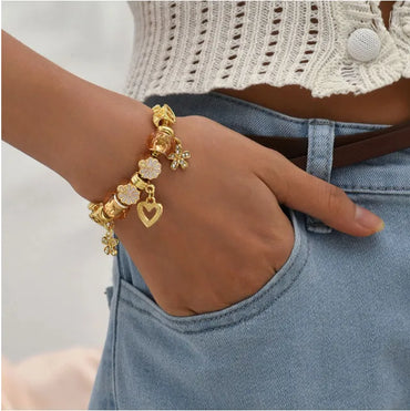 1 Piece Simple Style Heart Shape Flower Alloy Rhinestone Steel Women'S Bracelets